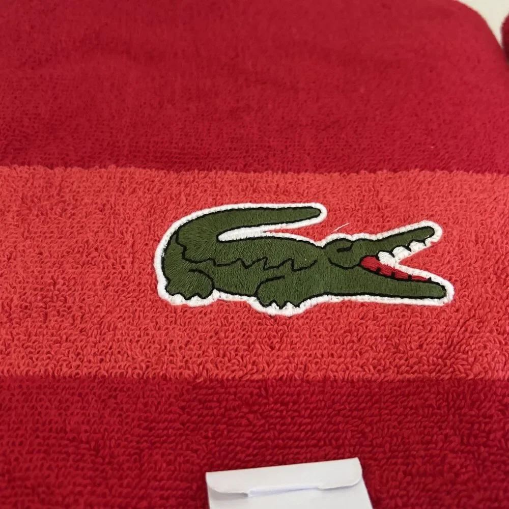 Two Lacoste Bath Towel Color Block Red Big Croc Logo 100% Cotton 30”x 52”